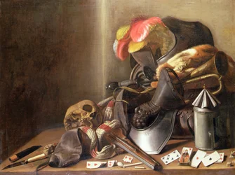 Natura Morta Vanitas con un Teschio, Carte da Gioco e Armatura, c.1650