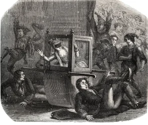 Un gruppo di burloni impedisce a Marie-Thérèse Le Vasseur (1721-1801), in costume per il Carnevale, di avanzare sulla sua sedia a rotelle. È vittima della vendetta di uno dei suoi ex amanti. Incisione del 1871 in "Storia dei cornuti celebri".