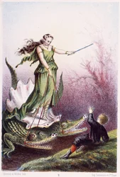 Un ragazzo davanti a una donna su un carro trainato da due coccodrilli - in "Viaggio al fondo del mare" di H. de la Blanchère. Parigi, ed. Jouvet et Cie, sd. 1880.