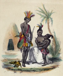 Una famiglia di indiani canadesi davanti ai loro tepee; illustrazione per il Canada, - in 