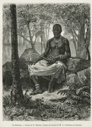 Un feticista, stregone capace di usare la forza magica dei feticci, disegno di D. Maillart, per illustrare la storia di un viaggio in Gabon e sul fiume Ogoué, nel 1875-1877, di Alfred Marche. Incisione in Le tour du monde
