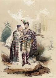 Un uomo che porta un kilt e il suo compagno davanti a un castello; illustrazione della Scozia in «Le dodici nazioni» di M. E. Fouinet