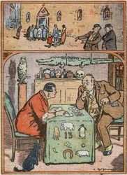 Un uomo che si prende gioco dei fideles andando a Messa. Lo stesso uomo che ascolta attentamente le parole di un sensitivo. Vignetta su "Le Pelerin" del 26 febbraio