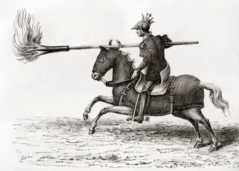Un cavaliere medievale con una lancia infuocata, una delle prime armi a polvere da sparo nel mondo, da Les Merveilles de la Science, pubblicato c.1870