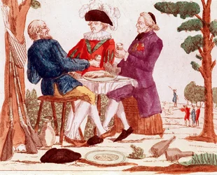 Un contadino (terzo stato), clero e aristocratico mangiano insieme un coniglio a un tavolo, sullo sfondo a destra una scena di caccia, a sinistra, tre fucili, agosto 1789 (incisione, fine XVIII secolo)
