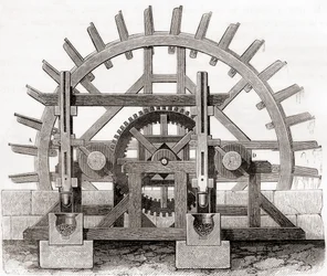 Un mulino a polvere e la sua ruota idraulica, da un disegno del XIX secolo, da Les Merveilles de la Science, pubblicato c.1870 (incisione)