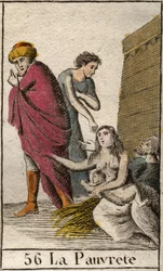 Rappresentazione della Povertà, scalza e vestita di stracci, seduta sulla paglia. Da "Mitologia della gioventù" di Pierre Blanchard 1803.