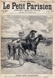Un cavaliere gareggia contro velocipedisti: William Frederic Cody (1846-1917), noto come Buffalo Bill, conosciuto come Re dei Cowboy e i ciclisti Gaby e Fournier in tandem. Da 