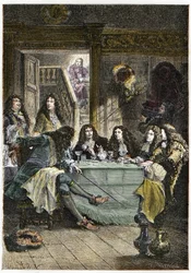 Un salone (Cabaret) che riunisce gli scrittori francesi Jean de La Fontaine (1621-1695), Nicolas Boileau-Despréaux (1636-1711), il drammaturgo Jean Baptiste Poquelin detto Molière (1622-1673) e il poeta Jean Racine (1639-1699)