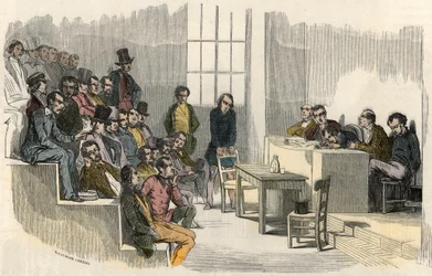 Una seduta del concorso di aggregazione alla Sorbona di Parigi nel XIX secolo - Incisione in "Tableau-de-Paris" di Edmond Texier 1852