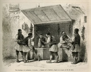 Negozio di calzolaio e la sua clientela a Livadie, disegno di D. Maillard, per illustrare la storia di Henri Belle: Voyage en Greece