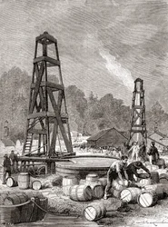 Una fonte di petrolio a Oil Creek sul fiume Allegheny, Pennsylvania, USA nel 1858, scoperta da Edwin Laurentine Drake, alias Colonnello Drake, da 