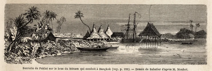 Una fabbrica di zucchero di Paklat, disegno di Sabatier, per illustrare il viaggio di Henri Mouhot nei regni di Siam, Cambogia e Laos dal 1858 al 1861. Incisione in "Le tour du monde"