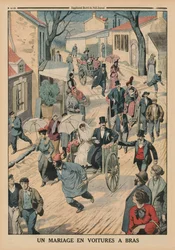 Un matrimonio su carretti a mano, illustrazione di copertina di Le Petit Journal, supplemento illustrato, 5 aprile 1914