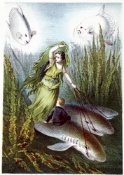 Una donna e un ragazzo che fuggono da pesci giganti su squali - in "Viaggio al fondo del mare" di H. de la Blanchère. Parigi, ed. Jouvet et Cie, sd. 1880.