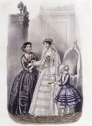 Una donna in abito da sposa circondata da una ragazza e una signora - in "Journal des Demoiselles" 1852