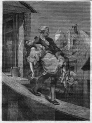 Una giovane ragazza viene portata via per i piaceri del re Luigi XV al Parco dei Cervi. Incisione in “La storia della prostituzione e della depravazione tra tutti i popoli del mondo dall