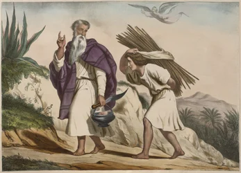 Abramo porta Isacco al Monte Moriah, illustrazione da un catechismo L