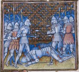 Add. 38659 fol.170, Morte di Sir John Chandos. Una battaglia medievale, miniatura dalle «Chroniques de France et d