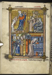 Add. 54180, f. 136v, Miniatura con angeli in abito da pellegrino, da 