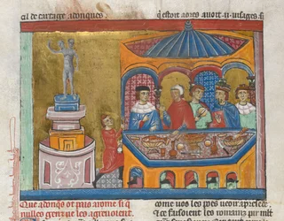Tempio di Giano con senatori che cenano in primo piano, da 