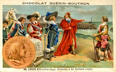 Cromolitografia pubblicitaria dei cioccolatini Guerin Boutron, Luigi XIII re di Francia dal 1610 al 1643. Richelieu a La Rochelle 1696