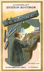 Cromolitografia pubblicitaria dei cioccolati Guerin Boutron, strumenti di lavoro, 84 soggetti vari, il compostatore