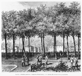 Pubblicità che raffigura una colonia di lavoratori, illustrazione da Le Monde Illustré, 1876