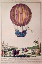 Aerostato: il secondo tentativo di volo su un pallone. Charles e Robert scendono sulla Prairie de Nesle, vicino a Parigi, dopo un viaggio su un pallone a gas idrogeno il 01/12/1783. Incisione del XVIII secolo