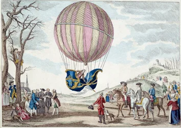 Aerostato: il secondo tentativo di volo su un pallone. Salita del pallone a gas idrogeno di Charles e Robert sulla Prairie de Nesle, vicino a Parigi il 01/12/1783. Stampa anonima del XVIII secolo. Parigi, Arti Decorative