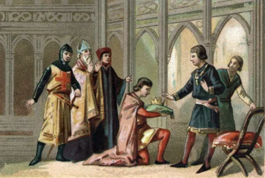 Dopo la morte di Luigi X, la corona tornò al fratello minore, Filippo V detto il Lungo (1294-1322). La scena è assistita dai tre ordini feudali. Cromolitografia intorno al 1890.