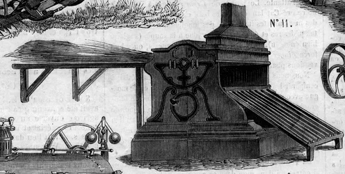 Macchina agricola: una trebbiatrice presentata al concorso agricolo di Parigi nel 1860. Incisione in 