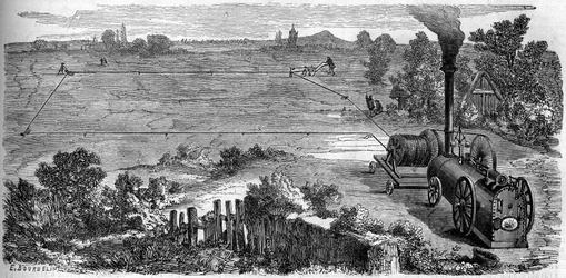 Agricoltura: contadini che usano una macchina a vapore per la loro coltivazione. Incisione in "Le Monde Illustré" n.131 del 15 ottobre 1859