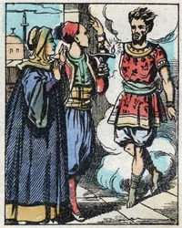 Aladino e sua madre strofinano la lampada magica e fanno apparire il genio. Incisione del racconto delle Mille e una notte 