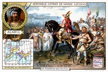 Alarico I, re dei Visigoti, si presenta per la terza volta davanti a Roma nel 410 e chiede la resa della città - vignetta pubblicitaria Liebig