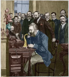 Alexander Graham Bell (1847-1922) inaugura la linea a lunga distanza New York-Chicago, 18 ottobre