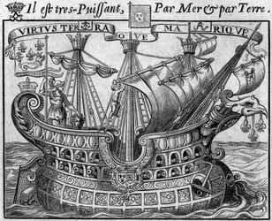 Allegoria del potere francese: "La nave dello Stato", simbolo della Francia, ricorda anche le armi della città di Parigi. Estratto dal "Livre des monnoyes etrangeres ou le grand banker de France" (1687) di Francois Barreme (1638-1703), matematico francese