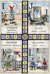 Alfabeto e Lettere I J K e L, ignoranza, giocattoli, cacatua e gioco del lotto. ABC delle bambine. Immagini di Epinal