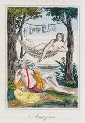 Amazzoni, illustrazione da Histoire des voyages autour du monde di J. Dufay, pubblicato da Courvalet & Co., Parigi, 1826 (incisione a colori)