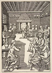 Una lezione di alchimia nel XIV secolo, copia di Boris Mestchersky, illustrazione da Histoire de la Nation Francaise, Sciences, Volumi I & II, di Gabriel Hanotaux, 1924
