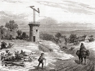 Un palo telegrafico aereo nel XVIII secolo, da Les Merveilles de la Science, pubblicato c.1870