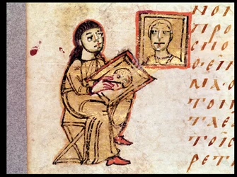 Un artista che copia un dipinto, da Sacra Parallela di San Giovanni Damasceno (d.c.754)