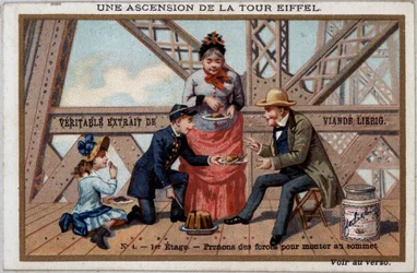 Una salita sulla Torre Eiffel: si prende forza al 1° piano - chromo. Liébig, inizio XX secolo