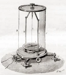 Un primo galvanometro, un tipo di amperometro, uno strumento di misura utilizzato per misurare la corrente elettrica in un circuito, da Les Merveilles de la Science, pubblicato c.1870 (incisione)
