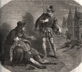 Un emissario del re di Francia Enrico III (1551-1589) fu trovato morente per le strade di Roma nel 1582. Portava un messaggio compromettente del re riguardante sua sorella, Margherita di Valois (1553-1615), nota come Regina Margot. Incisione del 1871 in "H