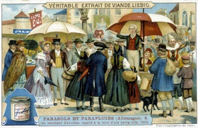 Un mercante di orvietano (ciarlatano) installato alla fiera di una piccola città in Germania - Etichetta pubblicitaria Liébig, ca. 1900