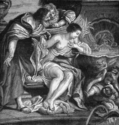 Antico Egitto: Cheope immaginato prostituire sua figlia per pagare la costruzione delle Piramidi (sfruttamento della prostituzione). Incisione in “La storia della prostituzione e della dissolutezza presso tutti i popoli del mondo dall