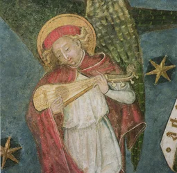 Angelo musicista che suona una mandora (dettaglio)