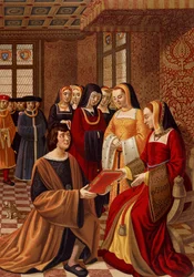 Anna di Bretagna (1477-1514) circondata dalle sue dame di compagnia. Cromolitografia da una miniatura del XVI secolo. Biblioteca delle Arti Deco, Parigi