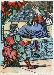Illustrazione anonima per "La bella addormentata nel bosco", racconto di Charles Perrault (1628-1703), scrittore francese. Incisione su legno di Imaging Pellerin - Epinal, sd. Fine XIX secolo.